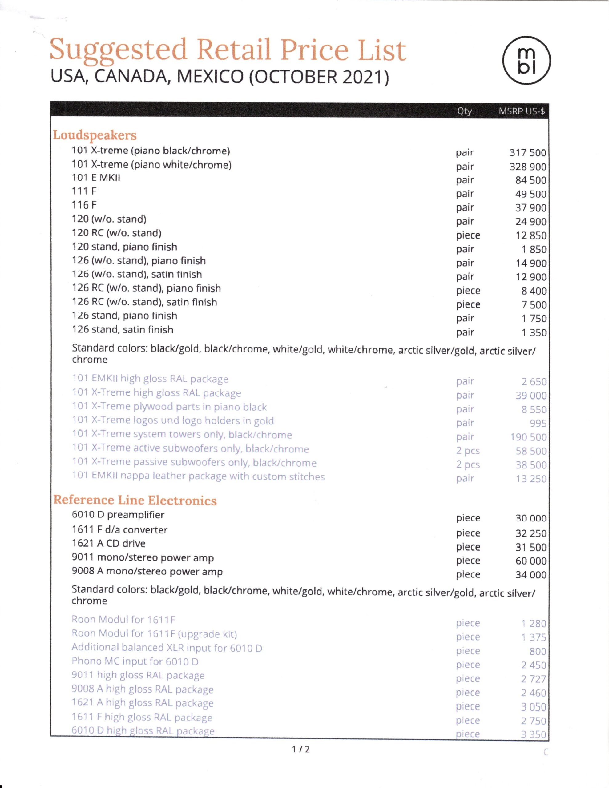 mbl speakers price list